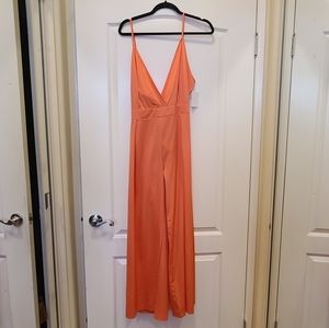 Orange Satin Jumpsuit with Open Back